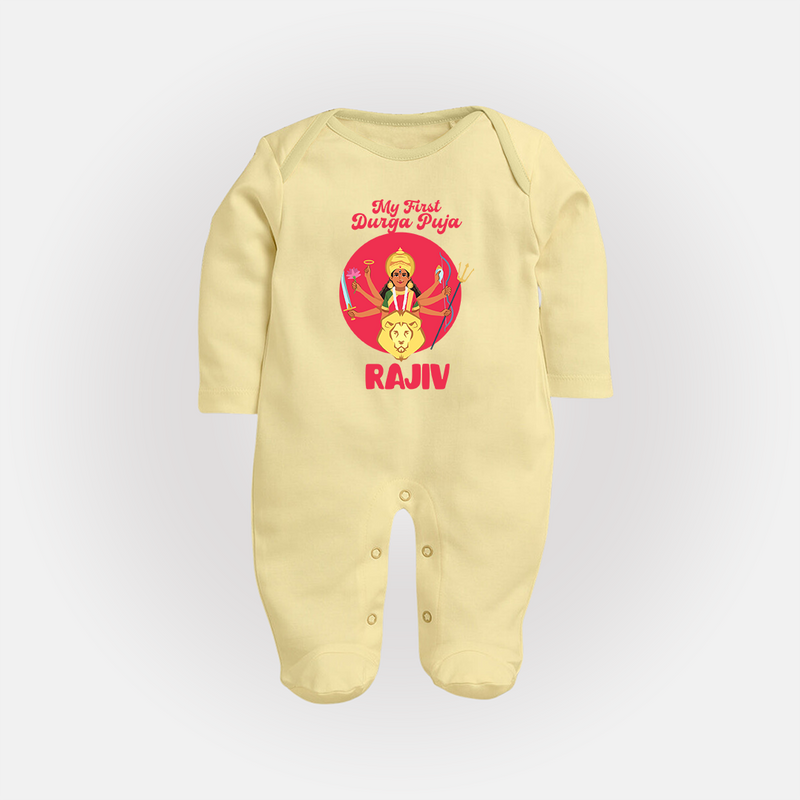 First Durga Puja Special Sleep Suit | Personalized Baby Festival Sleep Suit - PASTEL YELLOW - New Born (Chest 7.5")