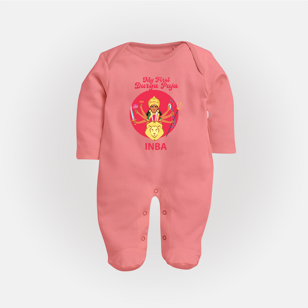 My First Durga Puja Divine Mother Illustration Full Body Suit - PEACH - New Born (Chest 7.5")