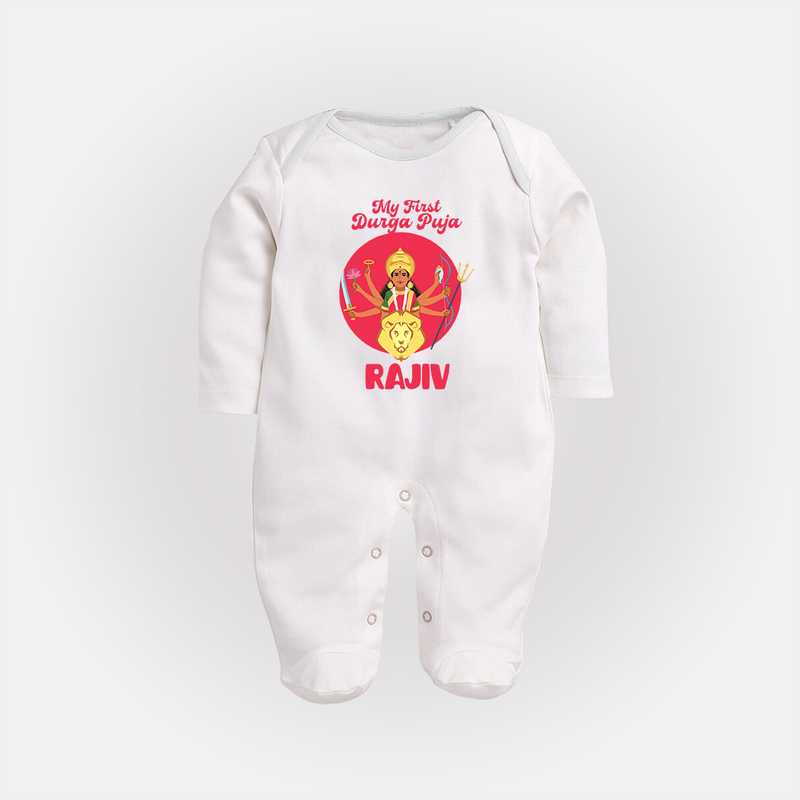 First Durga Puja Special Sleep Suit | Personalized Baby Festival Sleep Suit - WHITE - New Born (Chest 7.5")