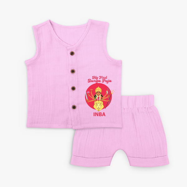My First Durga Puja Divine Mother Illustration Jabla Set - BABY PINK - 0 - 3 Months Old (Chest 9.8")