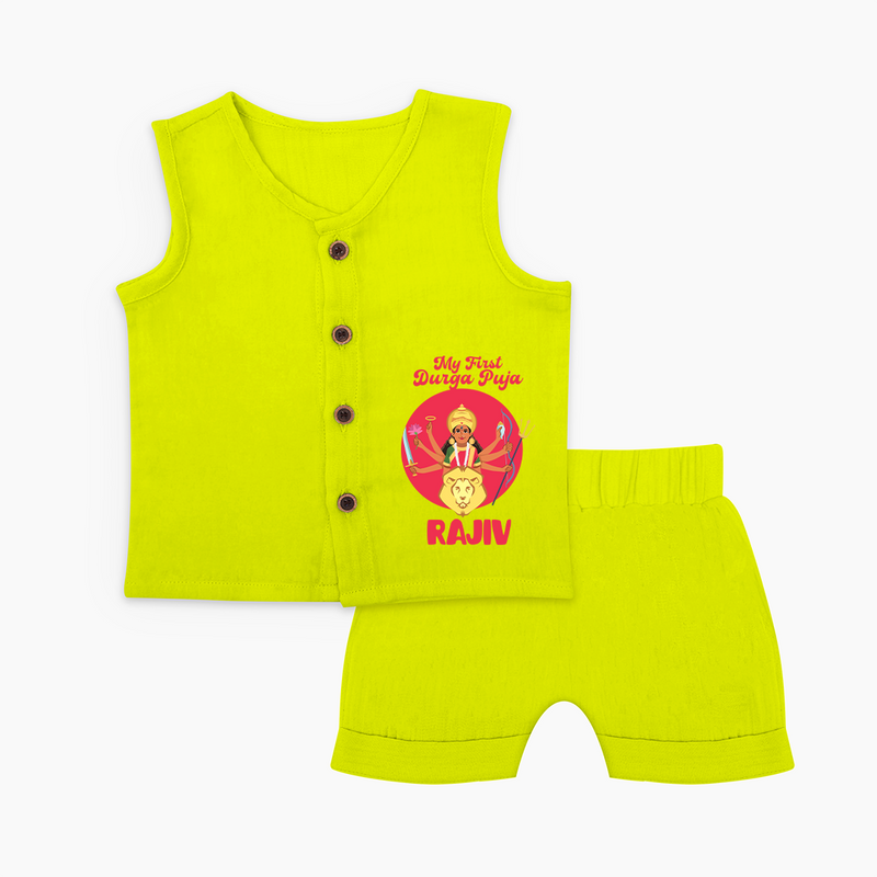 First Durga Puja Special Jabla Set | Personalized Baby Festival Jabla Set - LIME GREEN - 0 - 3 Months Old (Chest 9.8")