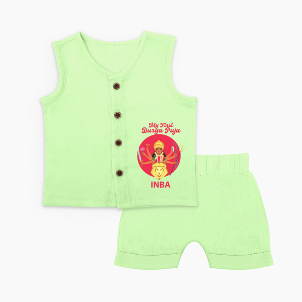 My First Durga Puja Divine Mother Illustration Jabla Set - PASTEL GREEN - 0 - 3 Months Old (Chest 9.8")