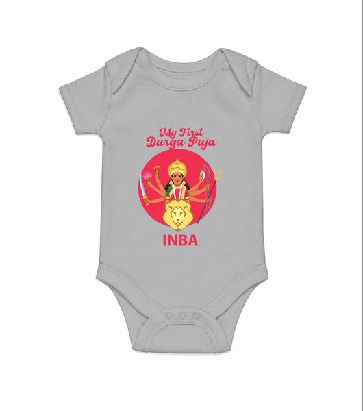 My First Durga Puja Divine Mother Illustration Romper - GREY - New Born (Chest 14")