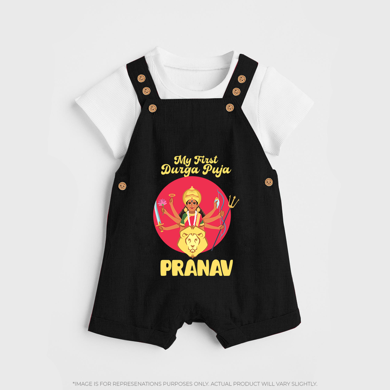 First Durga Puja Special Dungaree Set | Personalized Baby Festival Dungaree Set - BLACK - 0 - 5 Months Old (Chest 18")