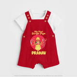 First Durga Puja Special Dungaree Set | Personalized Baby Festival Dungaree Set - RED - 0 - 5 Months Old (Chest 18")