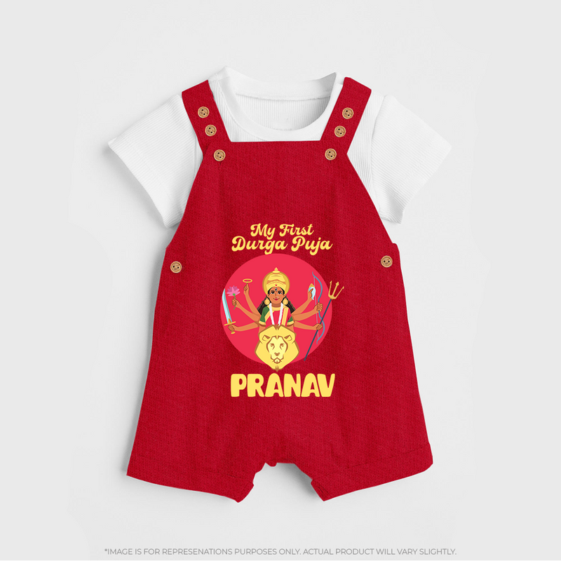 First Durga Puja Special Dungaree Set | Personalized Baby Festival Dungaree Set - RED - 0 - 5 Months Old (Chest 18")