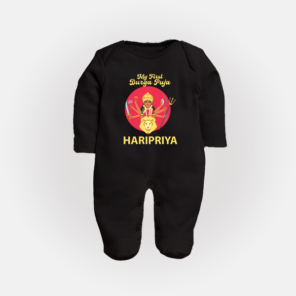 My First Durga Puja Divine Mother Illustration Full Body Suit - BLACK - New Born (Chest 7.5")