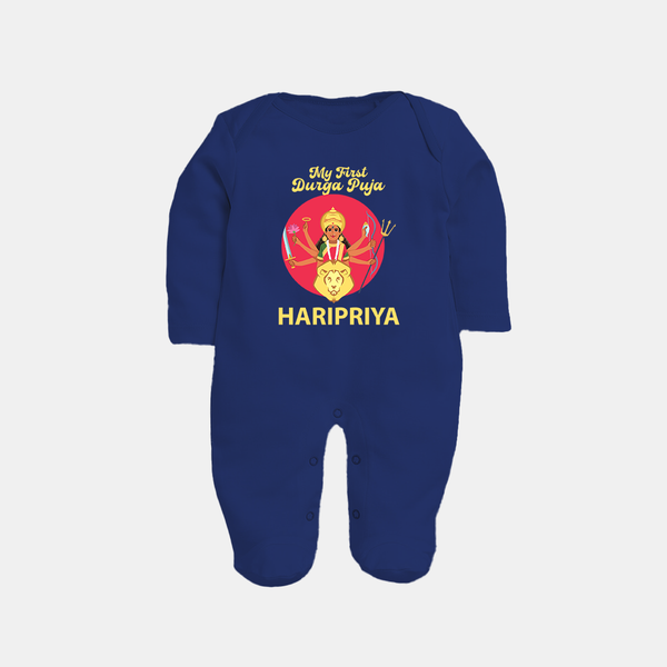 My First Durga Puja Divine Mother Illustration Full Body Suit - NAVY BLUE - New Born (Chest 7.5")
