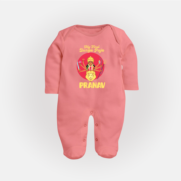 First Durga Puja Special Sleep Suit | Personalized Baby Festival Sleep Suit - PEACH - New Born (Chest 7.5")