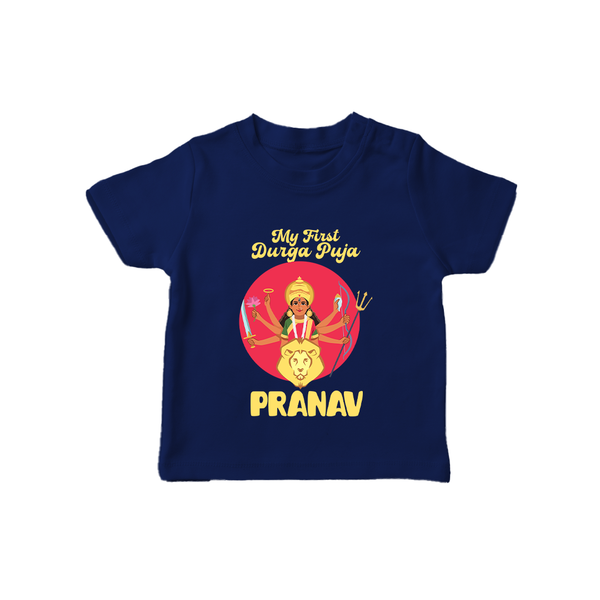 First Durga Puja Special Tshirt | Personalized Baby Festival Tshirt - NAVY BLUE - 0-5 Months Old (Chest 17")