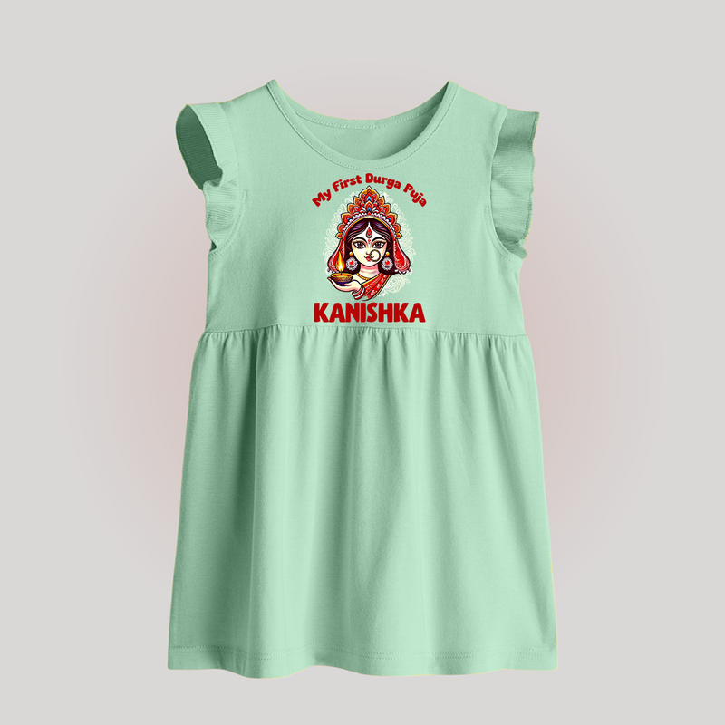 My Little Durga Puja Star Baby Frock | Custom Baby Frock for Navratri Celebration - MINT GREEN - 0 - 3 Months Old (Chest 17")