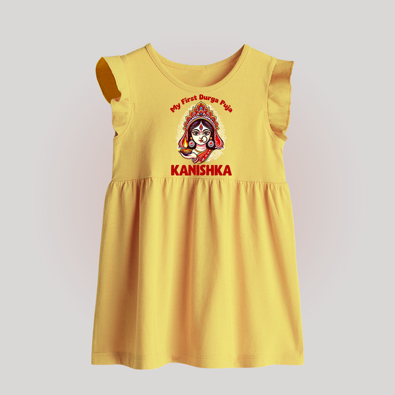 My Little Durga Puja Star Baby Frock | Custom Baby Frock for Navratri Celebration - PASTEL YELLOW - 0 - 3 Months Old (Chest 17")