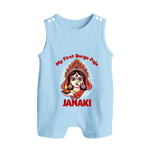 My First Durga Puja Ethnic Goddess Artwork Button Romper - BABY BLUE - New Born (Chest 18")