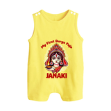 My First Durga Puja Ethnic Goddess Artwork Button Romper - PASTEL YELLOW - New Born (Chest 18")