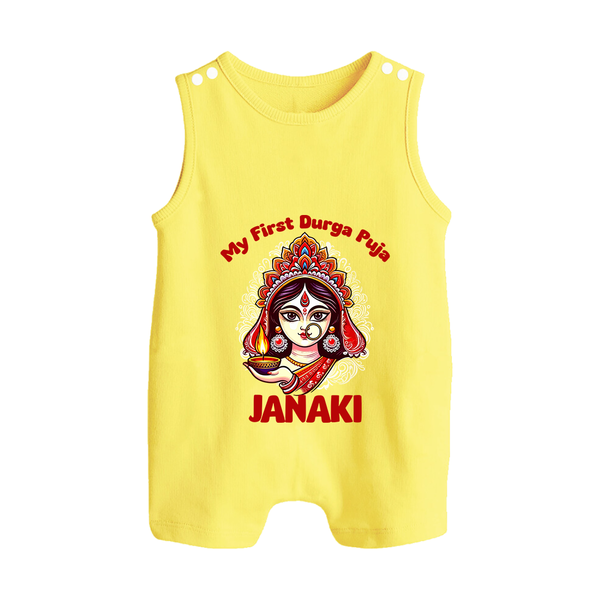 My First Durga Puja Ethnic Goddess Artwork Button Romper - PASTEL YELLOW - New Born (Chest 18")