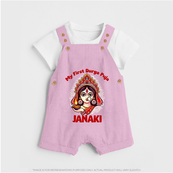 My First Durga Puja Ethnic Goddess Artwork Dungaree - BABY PINK - 0 - 5 Months Old (Chest 18")