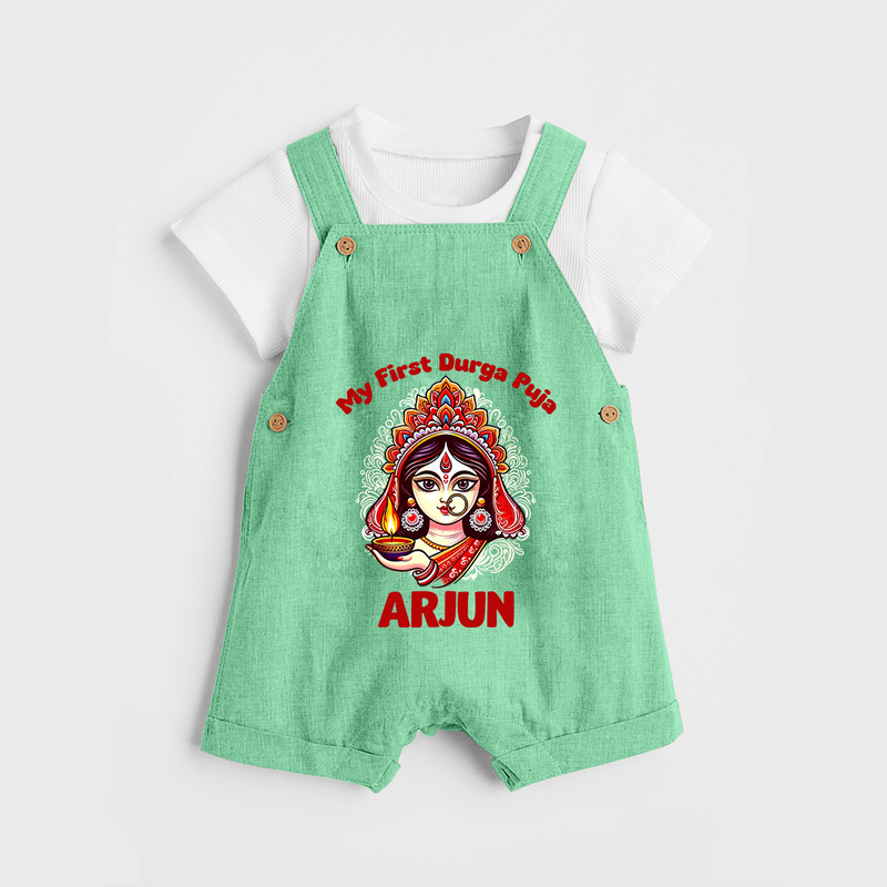 My Little Durga Puja Star Dungaree Set | Custom Baby Dungaree Set for Navratri Celebration - GREEN - 0 - 5 Months Old (Chest 18")