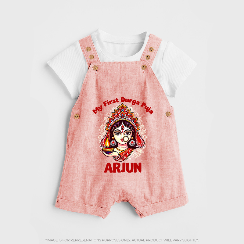 My Little Durga Puja Star Dungaree Set | Custom Baby Dungaree Set for Navratri Celebration - PEACH - 0 - 5 Months Old (Chest 18")