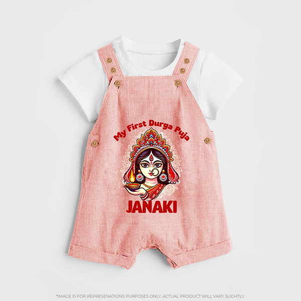 My First Durga Puja Ethnic Goddess Artwork Dungaree - PEACH - 0 - 5 Months Old (Chest 18")