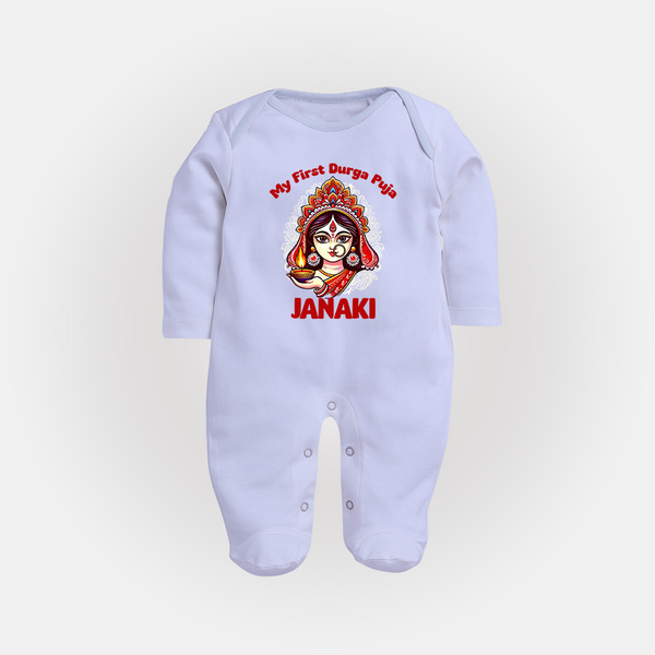 My First Durga Puja Ethnic Goddess Artwork Full Body Suit - BABY BLUE - New Born (Chest 7.5")
