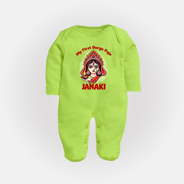 My First Durga Puja Ethnic Goddess Artwork Full Body Suit - LIME GREEN - New Born (Chest 7.5")
