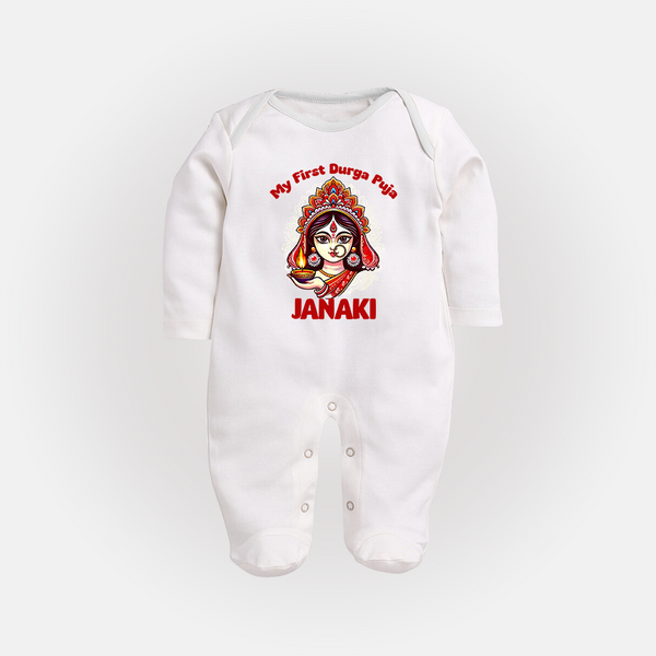 My First Durga Puja Ethnic Goddess Artwork Full Body Suit - WHITE - New Born (Chest 7.5")
