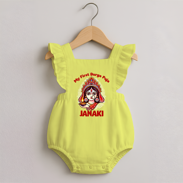 My First Durga Puja Ethnic Goddess Artwork Romper Frock - PASTEL YELLOW - 0 - 3 Months Old (Chest 19")