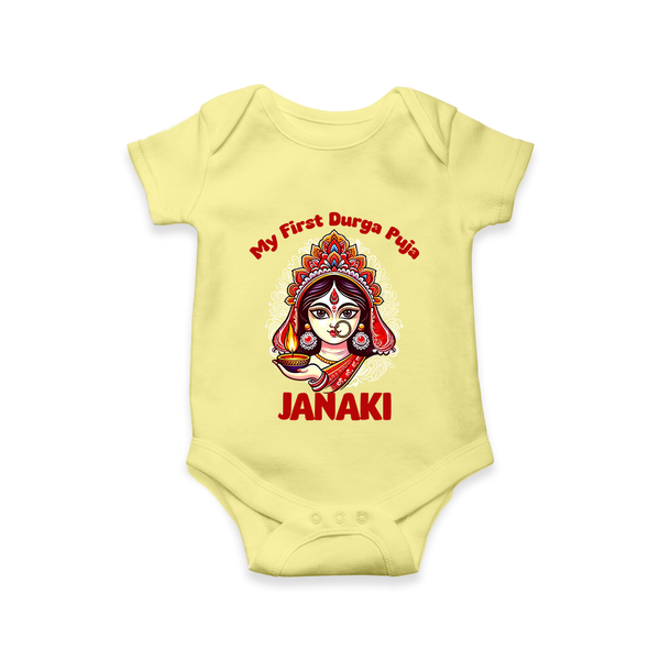 My First Durga Puja Ethnic Goddess Artwork Romper - PASTEL YELLOW - New Born (Chest 14")