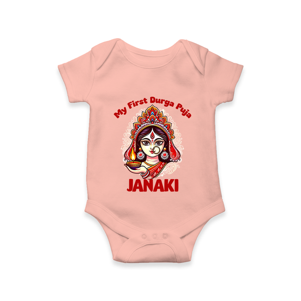 My First Durga Puja Ethnic Goddess Artwork Romper - PEACH - New Born (Chest 14")