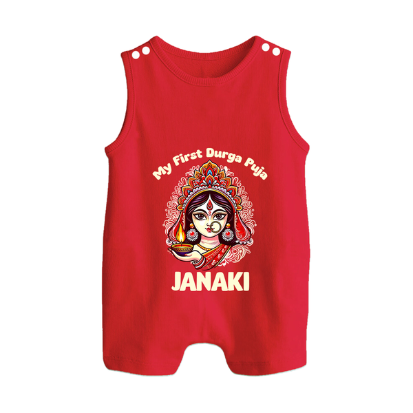 My First Durga Puja Ethnic Goddess Artwork Button Romper - RED - New Born (Chest 18")