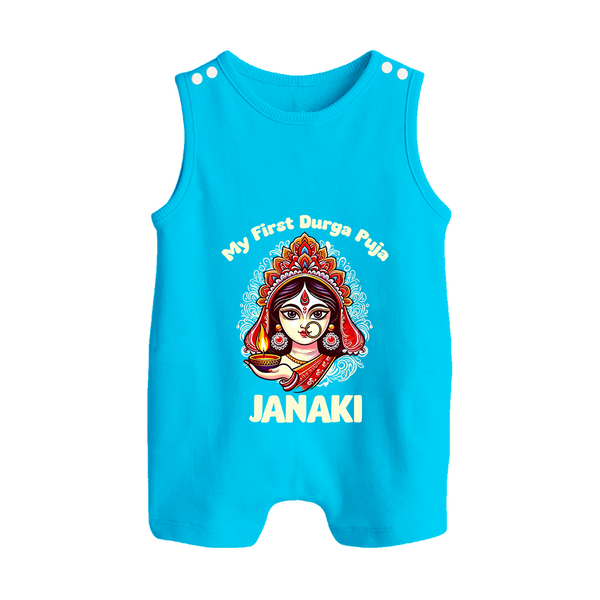 My First Durga Puja Ethnic Goddess Artwork Button Romper - SKY BLUE - New Born (Chest 18")