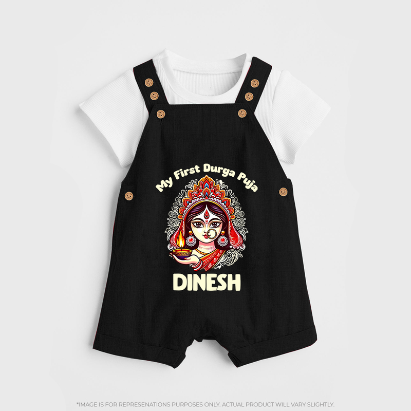 My Little Durga Puja Star Dungaree Set | Custom Baby Dungaree Set for Navratri Celebration - BLACK - 0 - 5 Months Old (Chest 18")