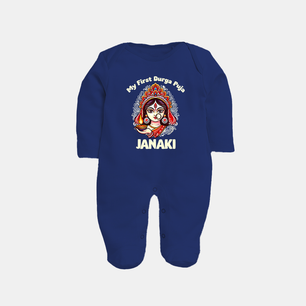 My First Durga Puja Ethnic Goddess Artwork Full Body Suit - NAVY BLUE - New Born (Chest 7.5")