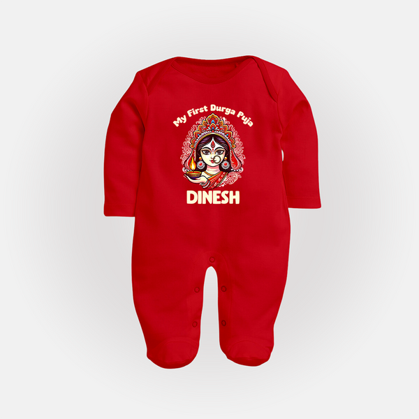 My Little Durga Puja Star Sleep Suit | Custom Baby Sleep Suit for Navratri Celebration - RED - New Born (Chest 7.5")