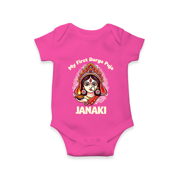 My First Durga Puja Ethnic Goddess Artwork Romper - HOT PINK - New Born (Chest 14")