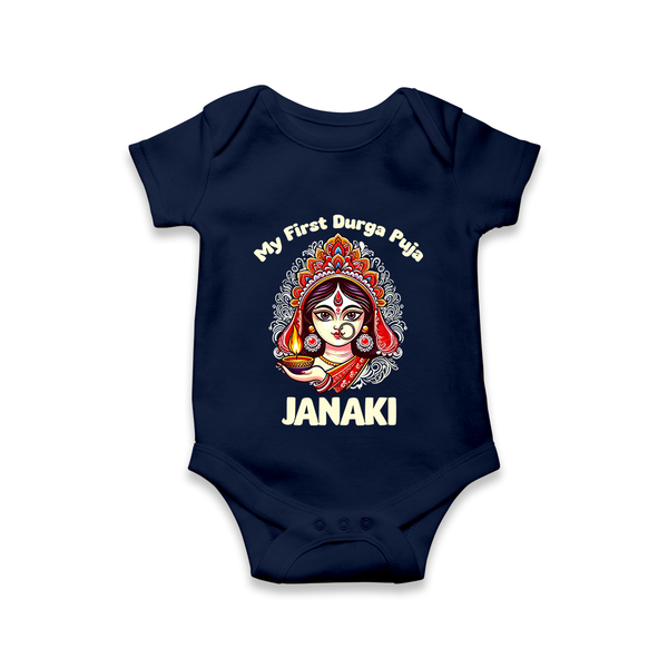 My First Durga Puja Ethnic Goddess Artwork Romper - NAVY BLUE - New Born (Chest 14")