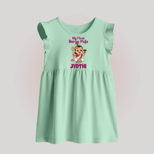 My First Durga Puja Cute Divine Character Baby Frock - MINT GREEN - 0 - 3 Months Old (Chest 17")