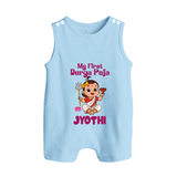 My First Durga Puja Cute Divine Character Button Romper - BABY BLUE - New Born (Chest 18")