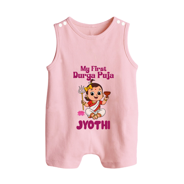 My First Durga Puja Cute Divine Character Button Romper - BABY PINK - New Born (Chest 18")