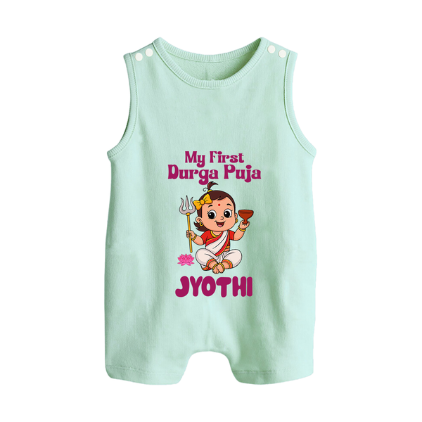 My First Durga Puja Cute Divine Character Button Romper - MINT GREEN - New Born (Chest 18")