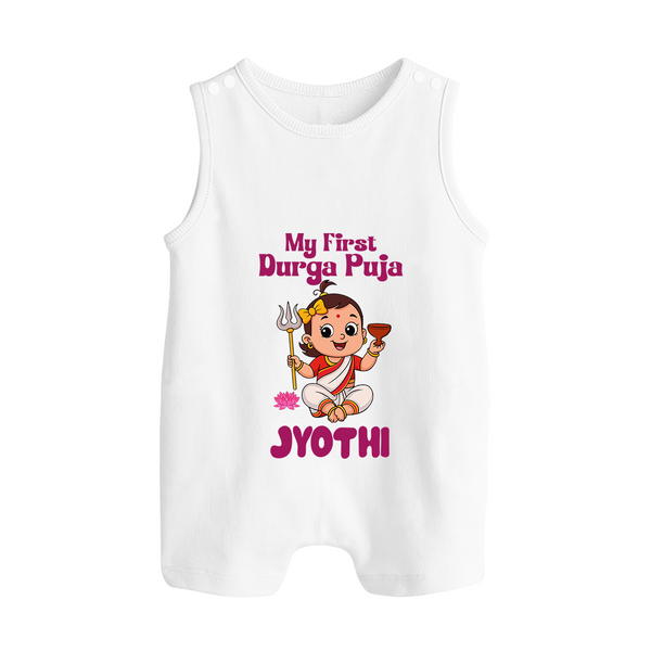 My First Durga Puja Cute Divine Character Button Romper - WHITE - New Born (Chest 18")