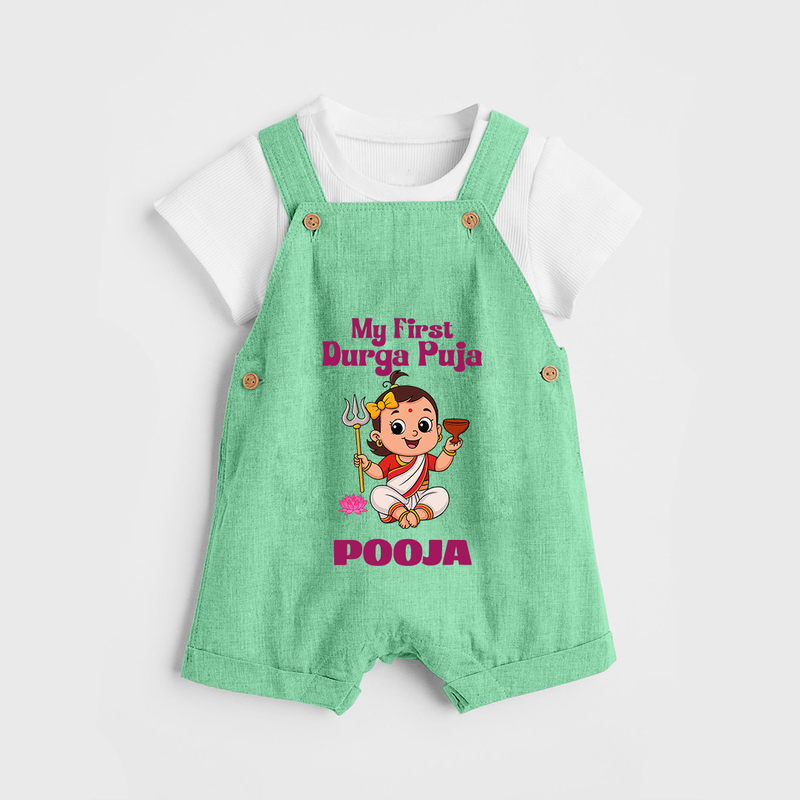 Baby's First Durga Puja Outfit Dungaree Set | Custom Dungaree Set for Little Ones - GREEN - 0 - 5 Months Old (Chest 18")
