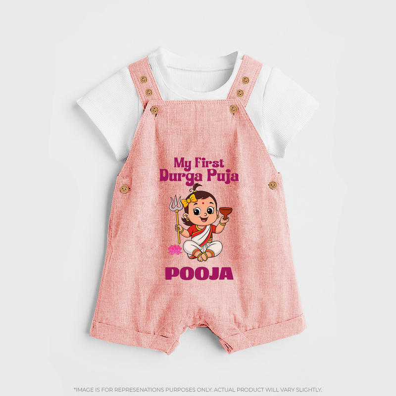 Baby's First Durga Puja Outfit Dungaree Set | Custom Dungaree Set for Little Ones - PEACH - 0 - 5 Months Old (Chest 18")