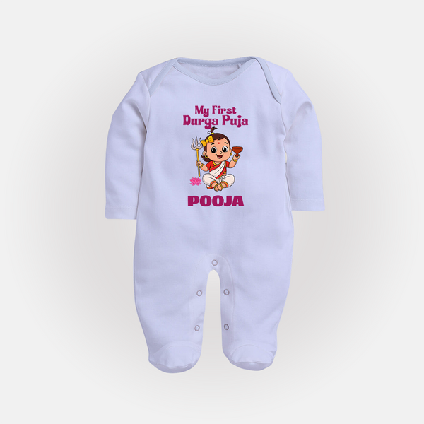 Baby's First Durga Puja Outfit Sleep Suit | Custom Sleep Suit for Little Ones - BABY BLUE - New Born (Chest 7.5")