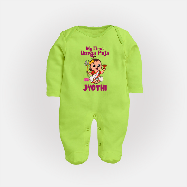 My First Durga Puja Cute Divine Character Full Body Suit - LIME GREEN - New Born (Chest 7.5")