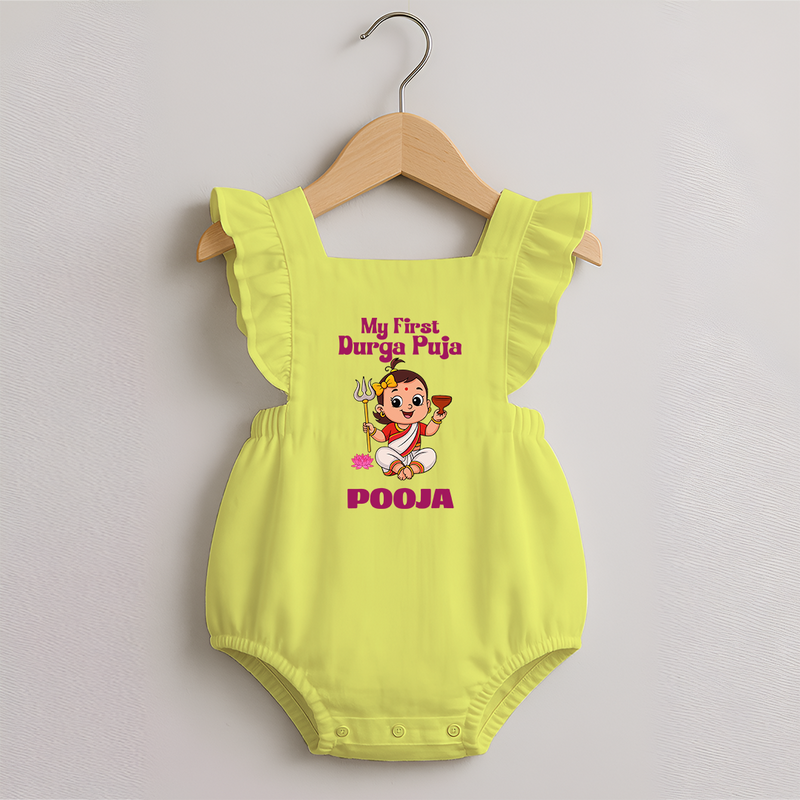 Baby's First Durga Puja Outfit Romper Frock | Custom Romper Frock for Little Ones - PASTEL YELLOW - 0 - 3 Months Old (Chest 19")
