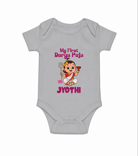 My First Durga Puja Cute Divine Character Romper - GREY - New Born (Chest 14")