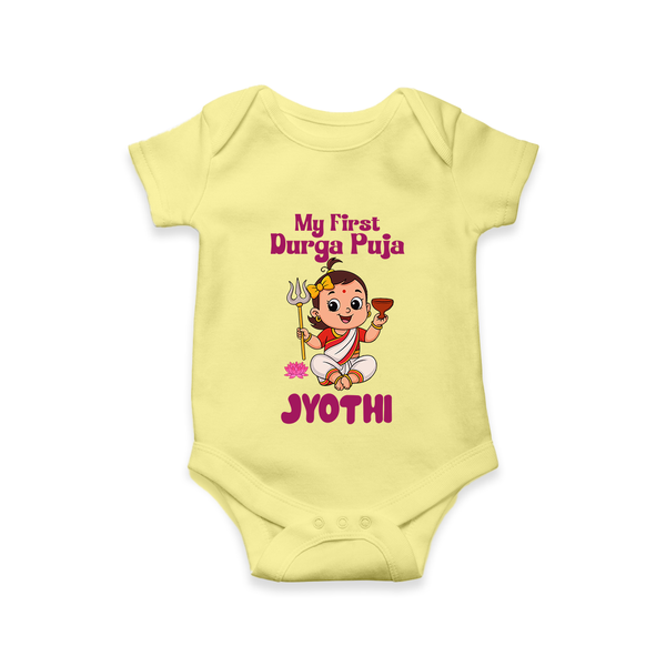 My First Durga Puja Cute Divine Character Romper - PASTEL YELLOW - New Born (Chest 14")