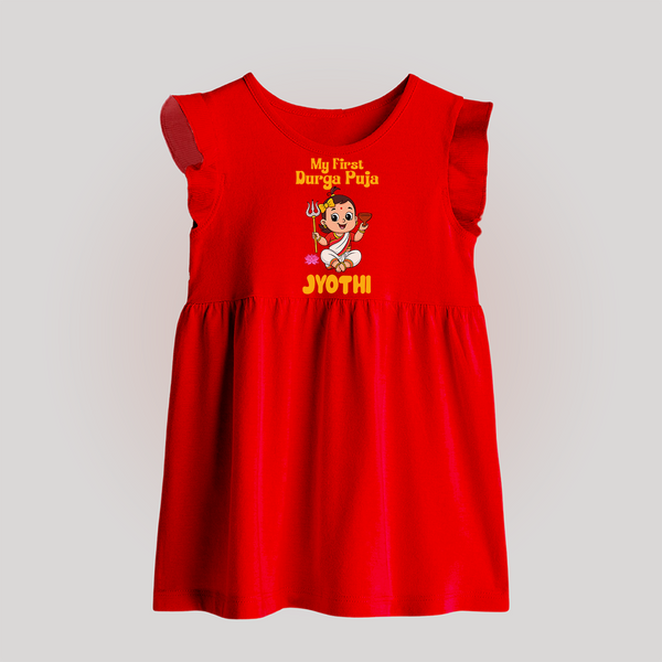 My First Durga Puja Cute Divine Character Baby Frock - RED - 0 - 3 Months Old (Chest 17")
