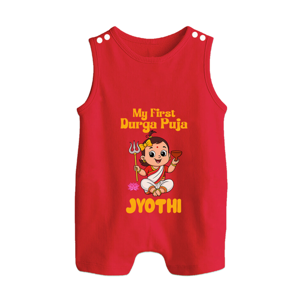 My First Durga Puja Cute Divine Character Button Romper - RED - New Born (Chest 18")